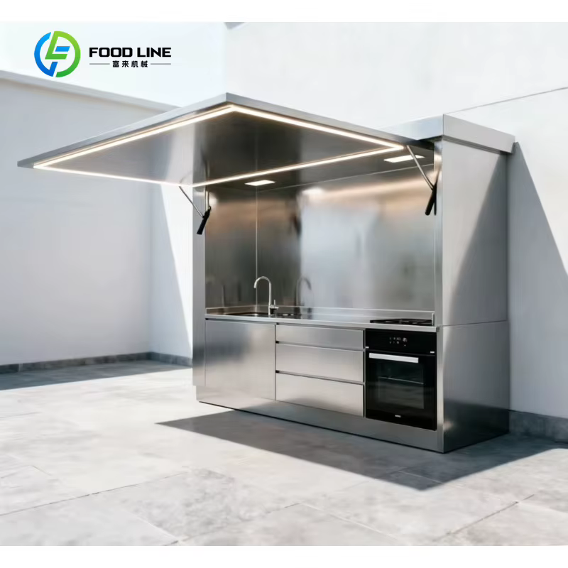 Cuisine extérieure modulaire moderne personnalisée en acier inoxydable avec comptoir en marbre, acrylique ignifuge, écologique et résistant aux intempéries