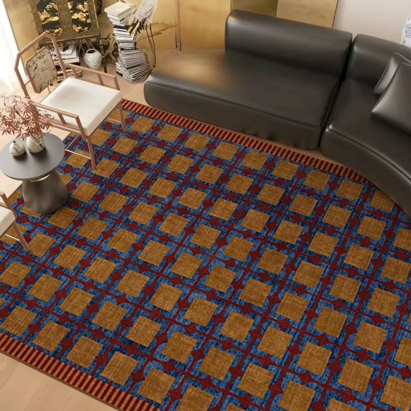 Tapis de salon vintage marron à carreaux imprimés