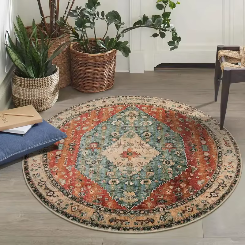 VIKAMA Tapis rond bohème vintage antidérapant et résistant à l'usure pour la décoration de la maison