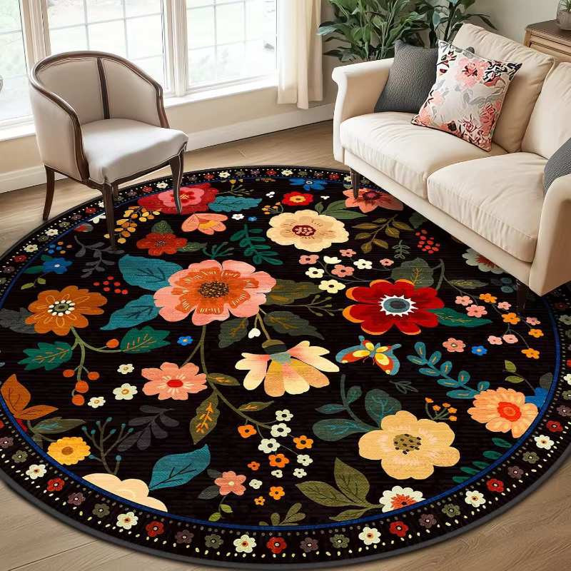 Tapis rond noir à fleurs bohèmes