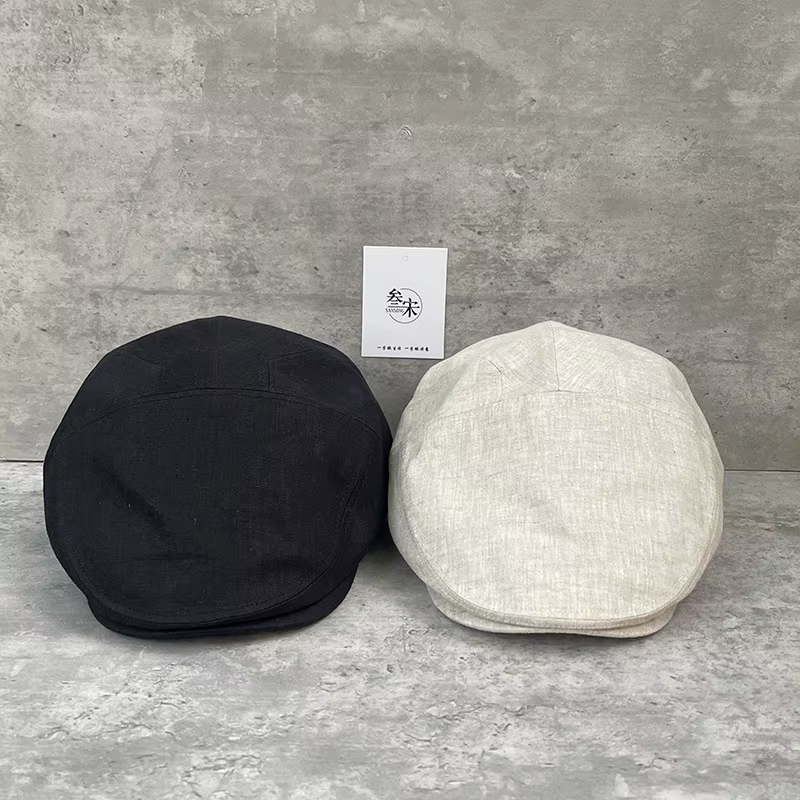 Béret d'été 100% lin pour hommes, casquette de journal Vintage légère et respirante, chapeau de pilote rétro d'art noir