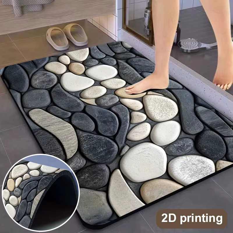 Tapis de sol en diatomite à motif galet, absorbant, antidérapant, pour cuisine, salle de bain, salon, avec support en caoutchouc 2D