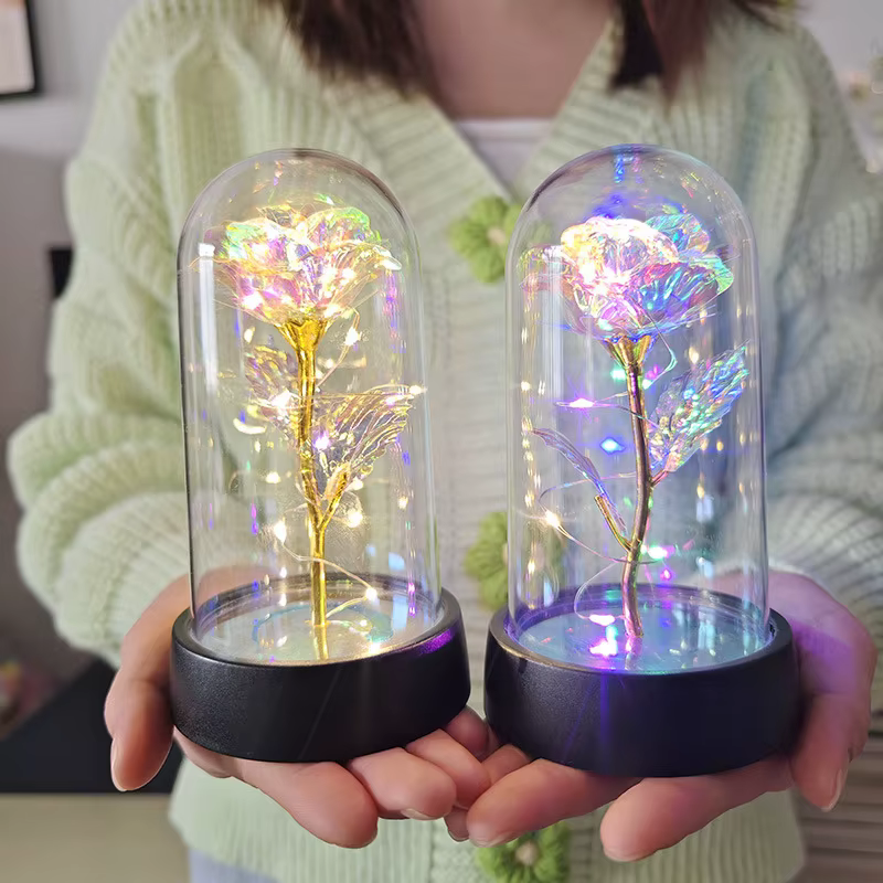 Fleur artificielle en verre avec lumière LED pour femme, la belle et la bête, la galAct et la rose, cadeaux d'anniversaire pour filles, aide les ordures