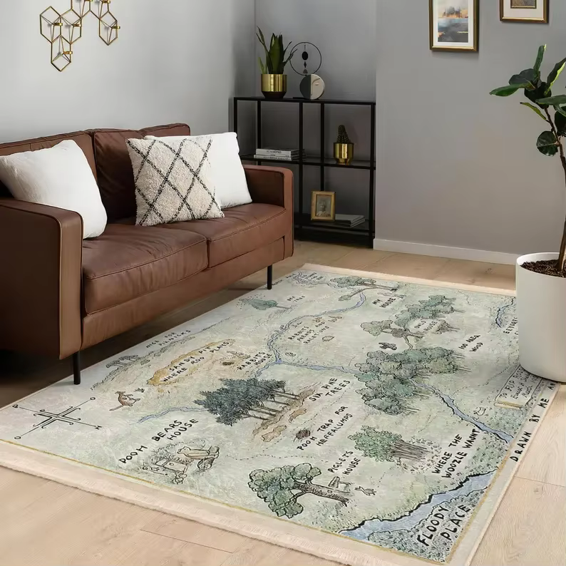 Tapis vintage Winnie l'ourson avec motif de la carte de Hundred Acre Wood