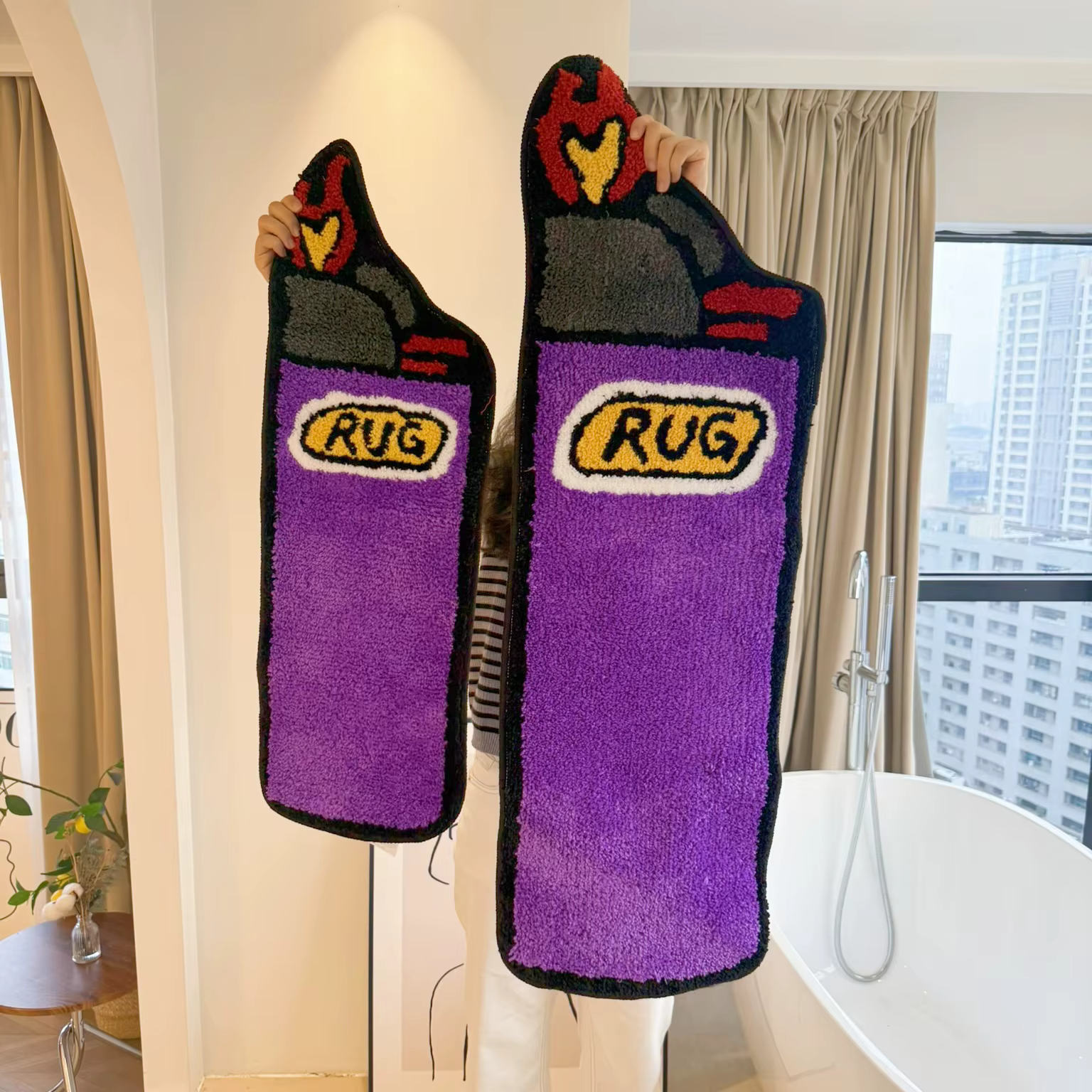 Ensemble de tapis touffetés en forme de briquet violet, 2 tailles, esthétique, doux, moelleux, antidérapant, pour la décoration de la chambre à coucher et du salon