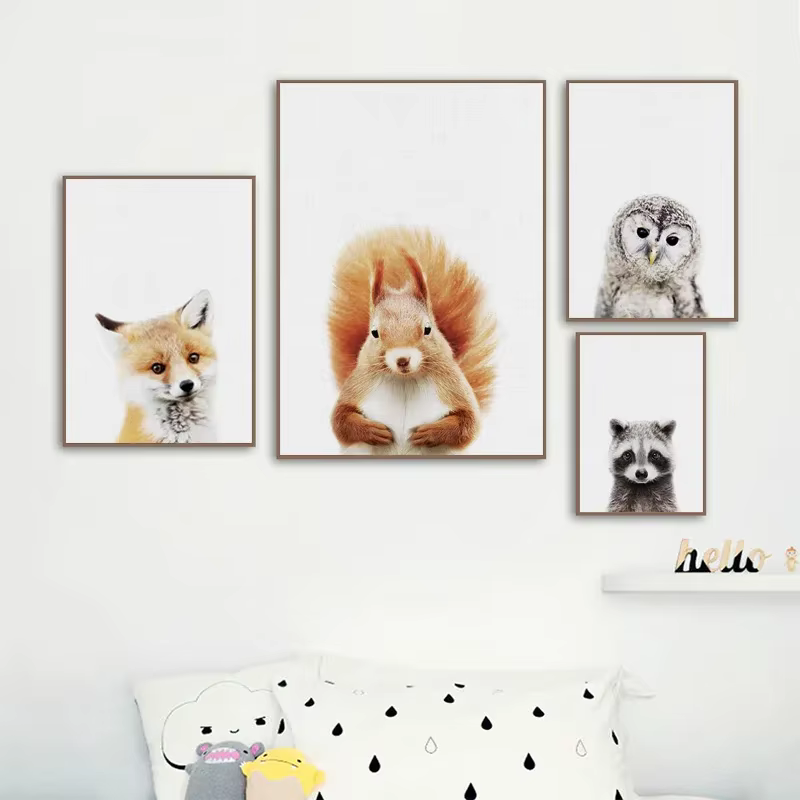 Toile murale avec animaux pour chambre de bébé, peinture d'éléphant, girafe, ours, imprimés d'art mural, affiche d'art nordique pour chambre d'enfant, décor de pépinière
