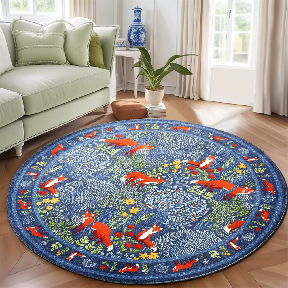 Tapis rond Forêt des Renards avec Renards Roux Oranges