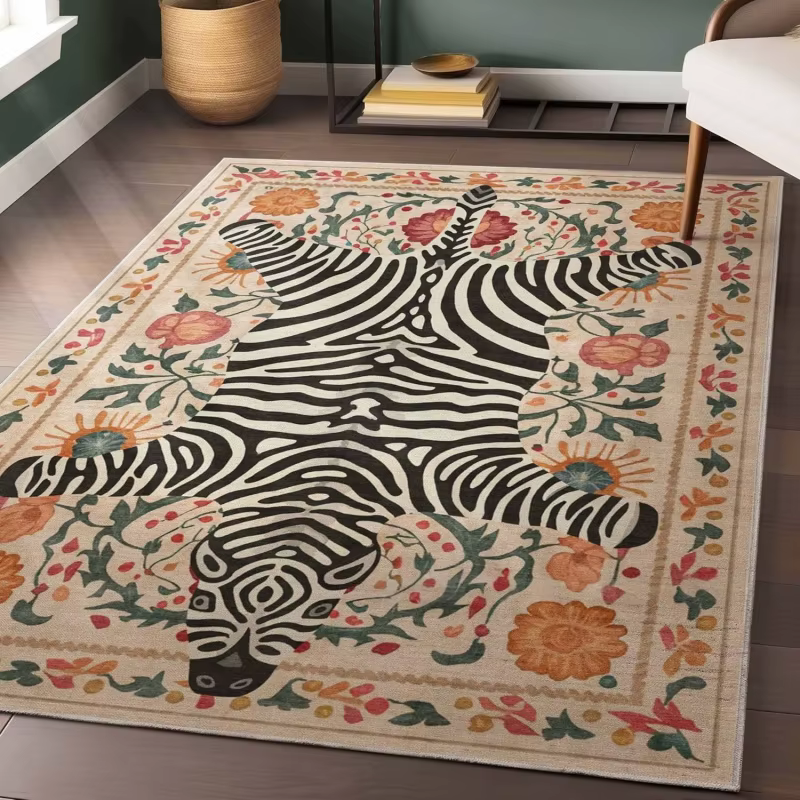 Tapis persan vintage bleu à motifs floraux et tigres