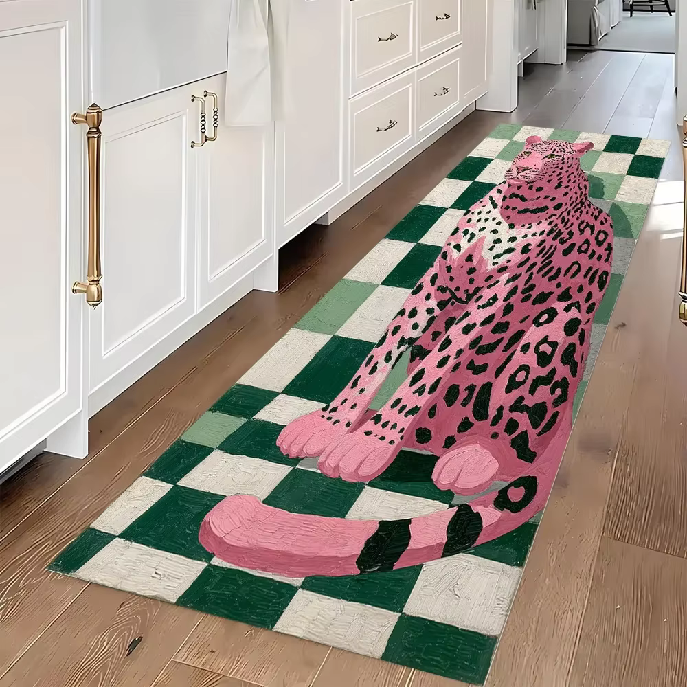 Preppy Pink Leopard Long Runner Rug Non Slip Washable Kitchen Mat Green White Checkerboard Cheetah Hallway Carpet
