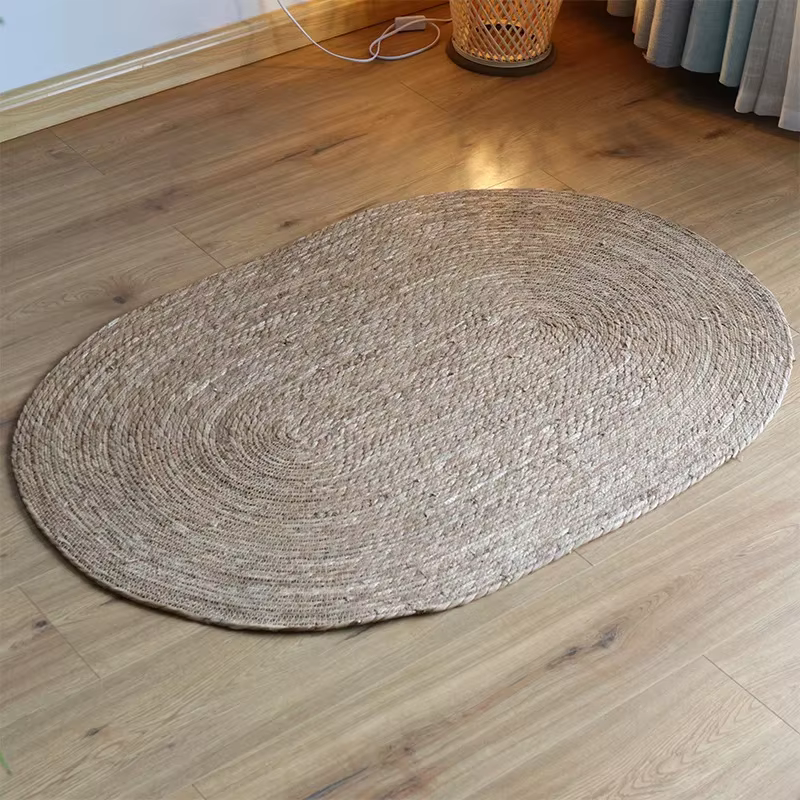 Tapis ovale en jute tressé, style bohème naturel, avec rayures blanches, lavable et antidérapant, pour salon et chambre.