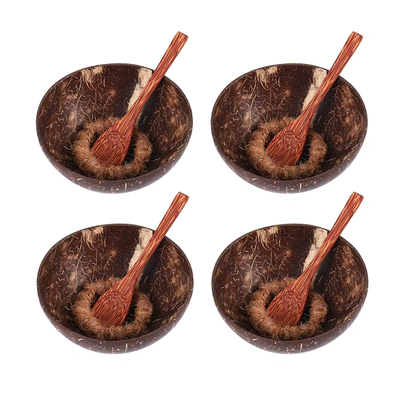 A69E1 ensemble de bols en coquille de noix de coco naturelle avec cuillère et support adapté aux glaces, desserts, riz, collations, noix