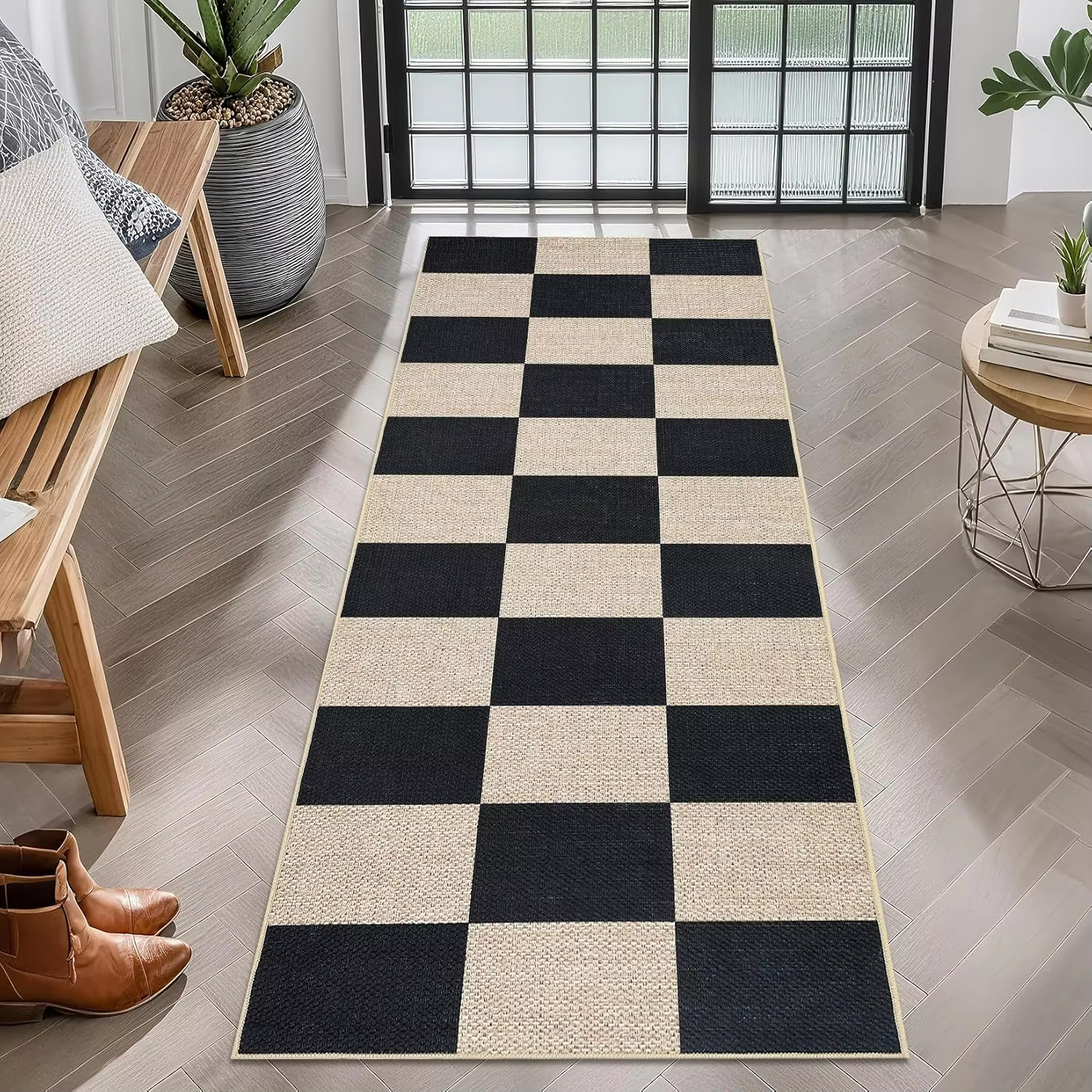 Tapis de couloir artistique à carreaux antidérapant noir et crème