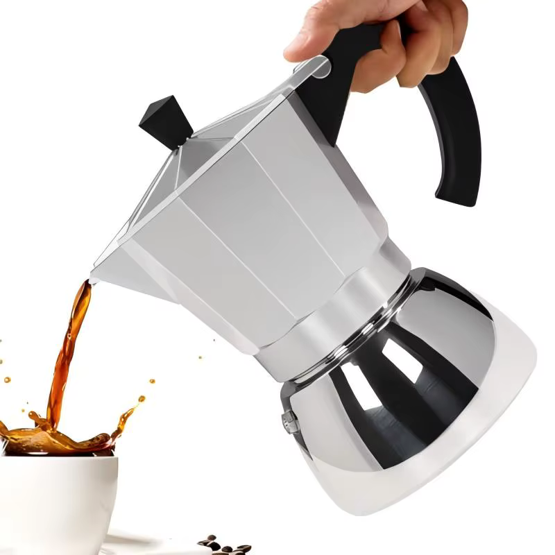 Cafetière Moka en aluminium et acier inoxydable 4/6. Pour la maison/le bureau/l'extérieur. Compatible avec l'induction et le gaz