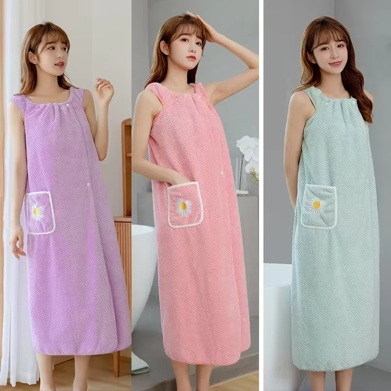 Serviette de bain pour femme, peignoir long en polyester absorbant l'eau, pour adultes, à porter comme jupe pour sécher les cheveux, lavable, pour la salle de bain