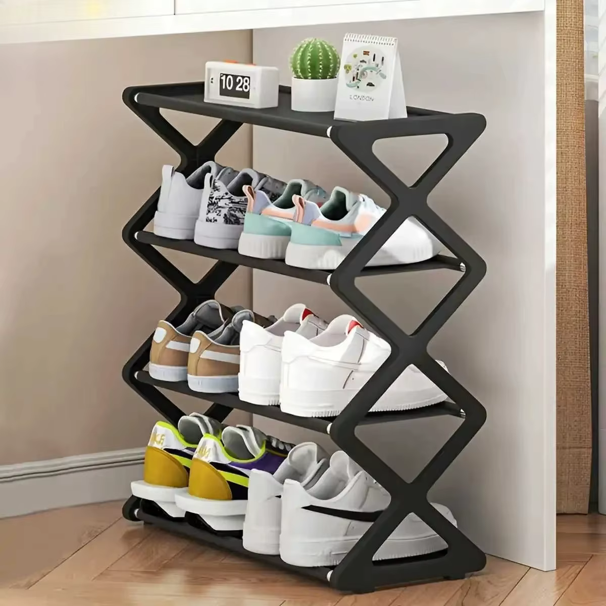 Étagère à chaussures 4 niveaux en X, multifonctionnelle et anti-poussière, idéale pour dortoirs, entrées, couloirs et chambres