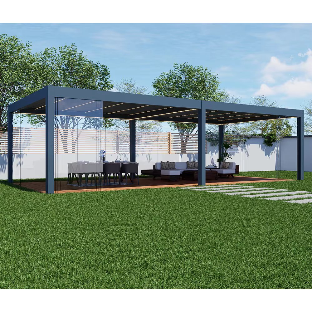 Pergola imperméable bioclimatique extérieure en métal et aluminium, porte coulissante moderne en verre pour maison personnalisée, Gazebo de jardin