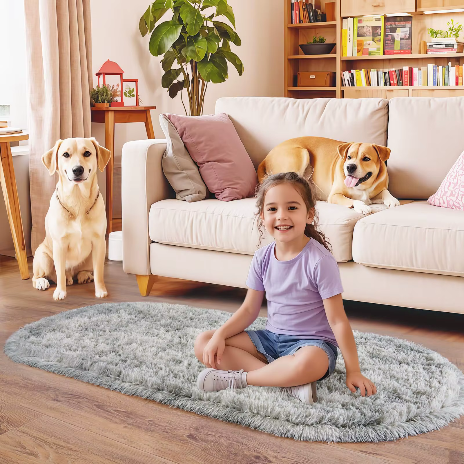 Tapis de chevet ovale en peluche gris clair
