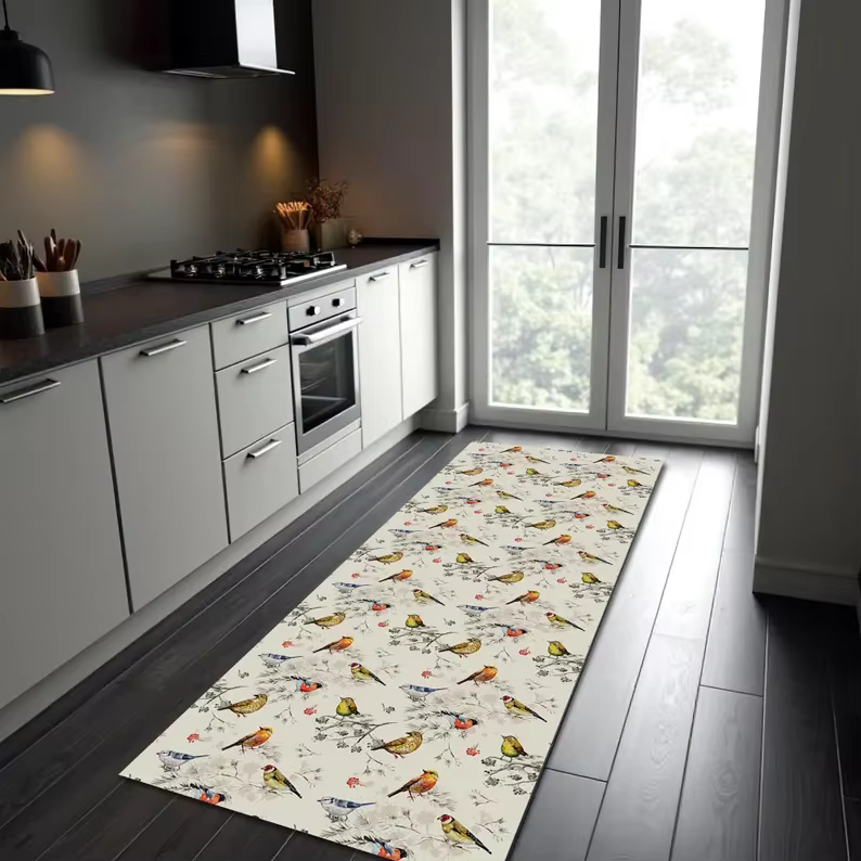 Tapis de couloir vintage à motif floral botanique et oiseaux