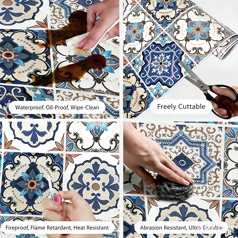 Autocollants muraux en carreaux de style européen rétro, résistants à l'huile, imperméables, auto-adhésifs, résistants à la chaleur, aux rayures et faciles à nettoyer.
