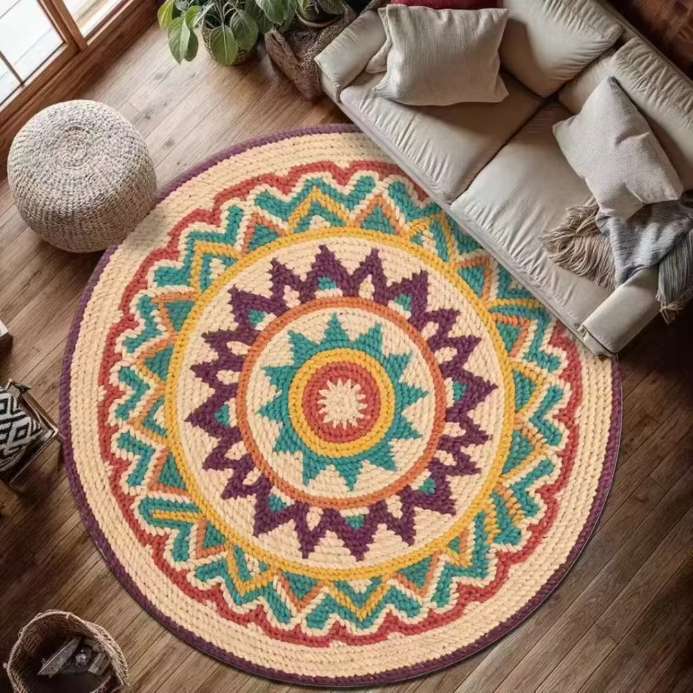 Tapis rond Mandala, style bohème ethnique, décoration de la maison, antidérapant, tissé à la main, coloré, géométrique, pour salon