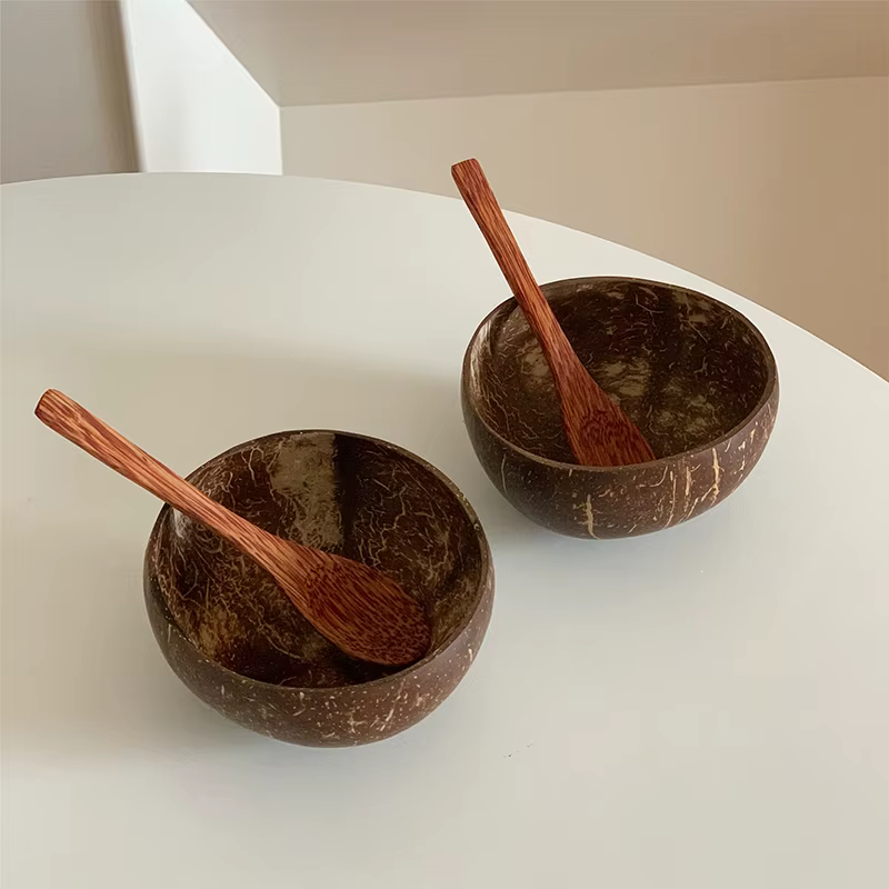 Bol en noix de coco naturel, bols en noix de coco faits à la main en bois pour la table, fourchette et cuillère pour dessert, salade de fruits, mélange de riz