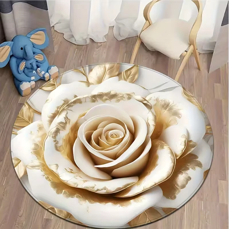 Tapis rond rose doux, motif de fleurs réalistes