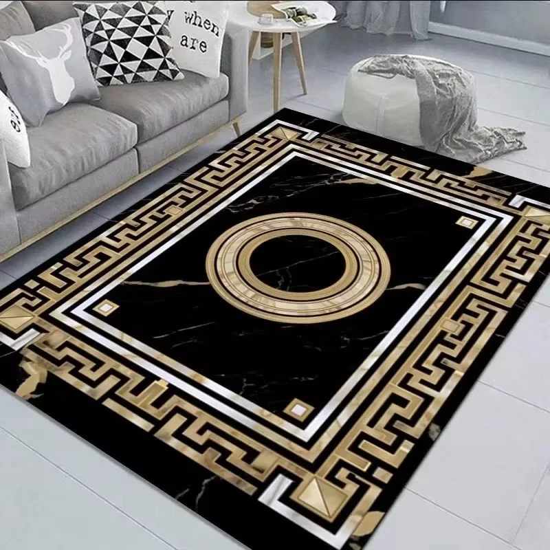 Tapis décoratif élégant en marbre noir et or