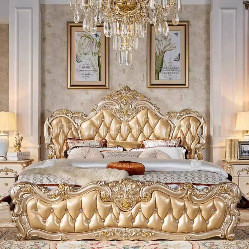 Ensemble de lit double de luxe européen doré, design pour chambre, petit lit double de luxe pour la maison, matelas en bois pour adultes, meubles pour la maison, lit