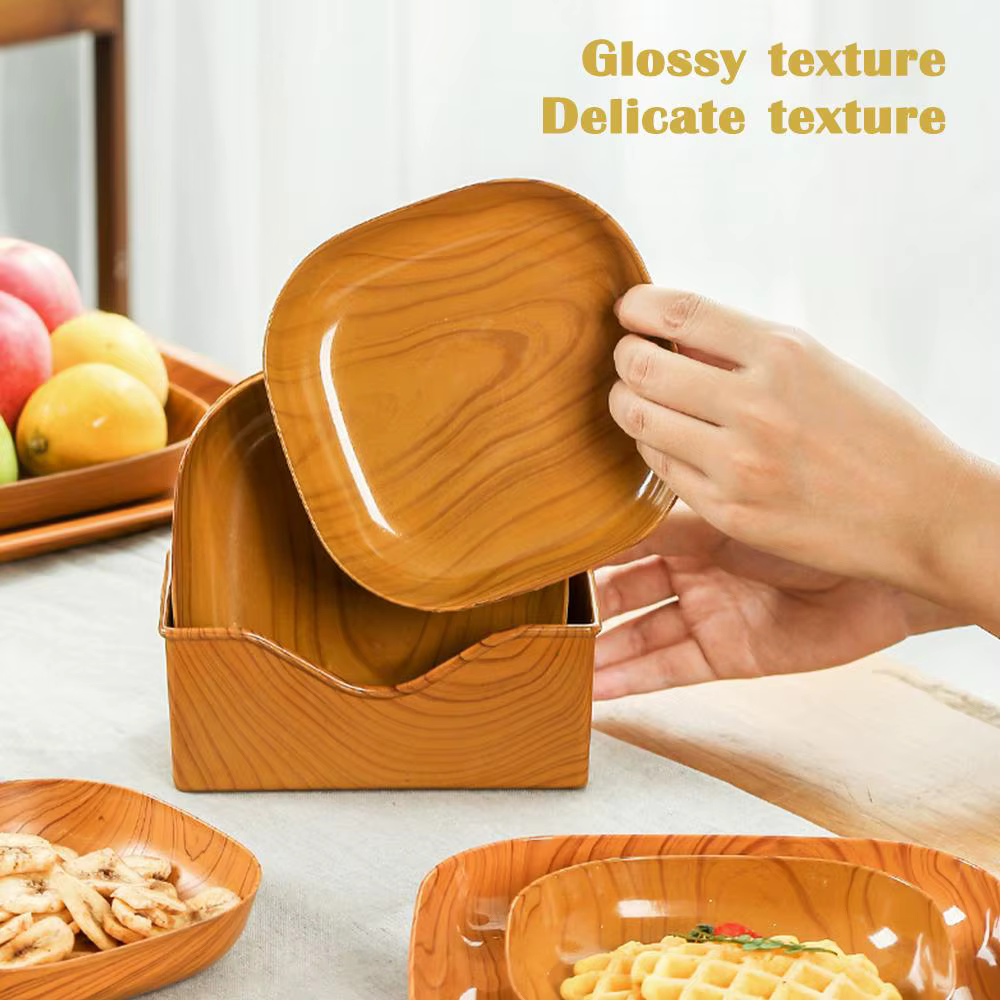 Assiette carrée en plastique Imitation Grain de bois de cuisine, plat de thé de l'après-midi japonais, plat de fruits, plateau à thé, plat en os en plastique, vaisselle de cuisine