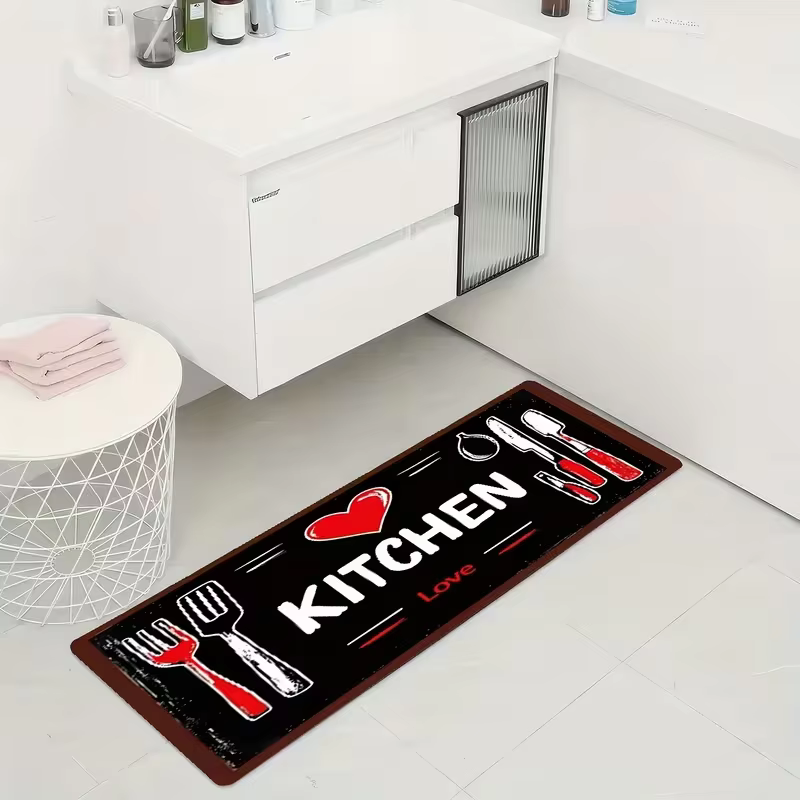 Tapis de cuisine Love avec fourchette cuillère coeur rouge, antidérapant, doux, facile à nettoyer, adapté pour salle de bain, cuisine, chambre à coucher, salon, porche