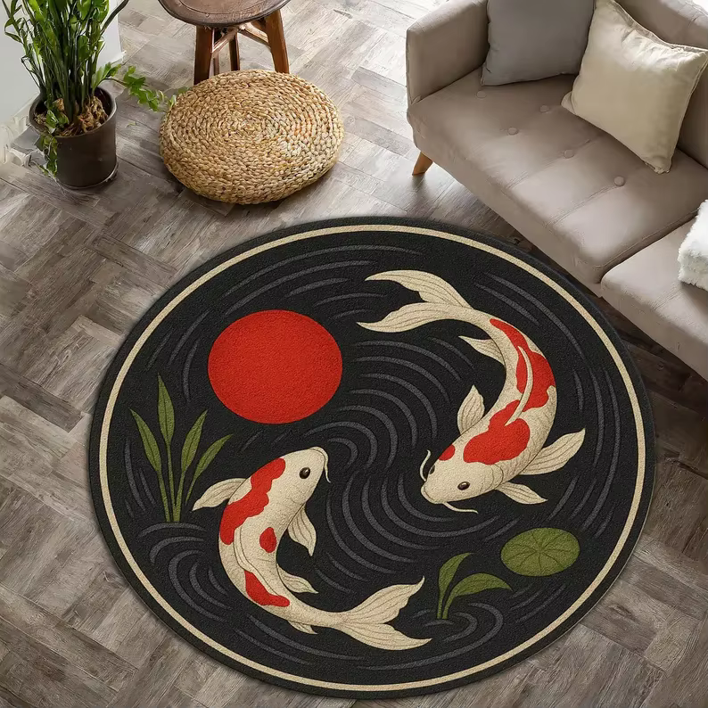 Tapis rond poisson Koi japonais Zen