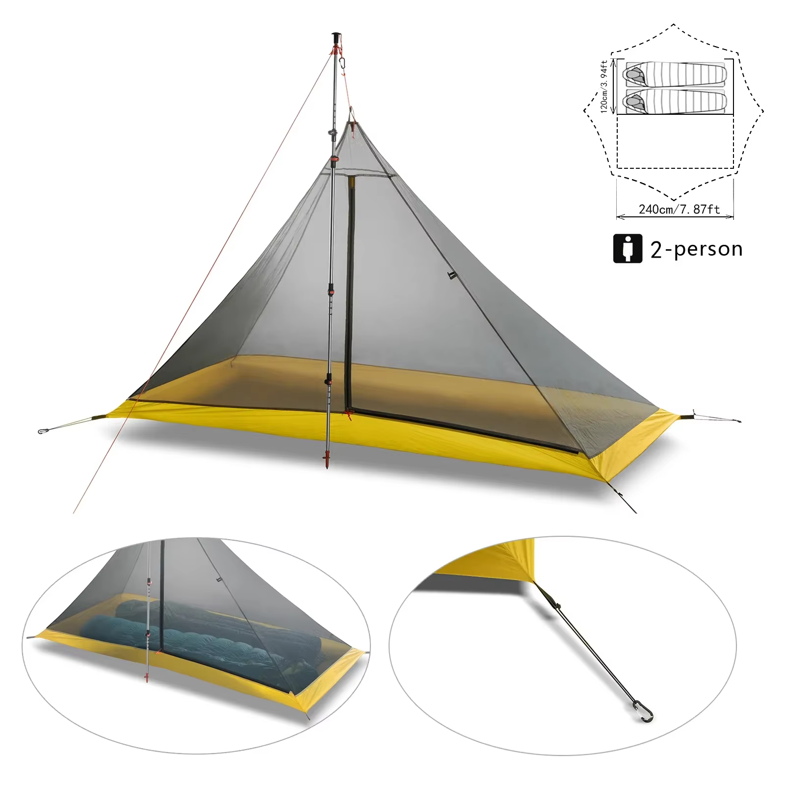 Tente de Camping ultralégère pour 2 à 4 personnes, en Nylon 40D, revêtement en Silicone, pyramide sans tige, grande tente intérieure respirante pour 3 à 4 saisons