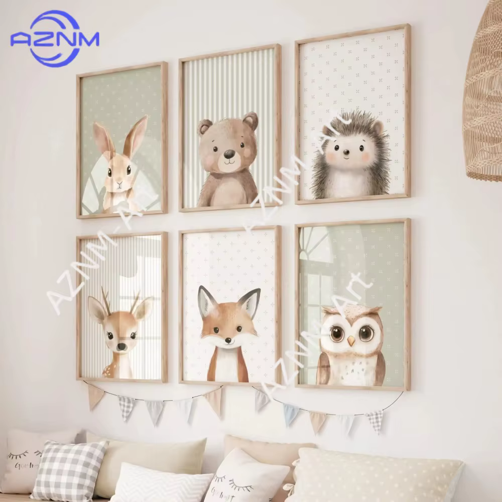 Décoration murale en toile sans cadre pour chambre d'enfant, style nordique moderne, dessin animé, lapin, hibou, ours, anglais, 1 pièce/6 pièces