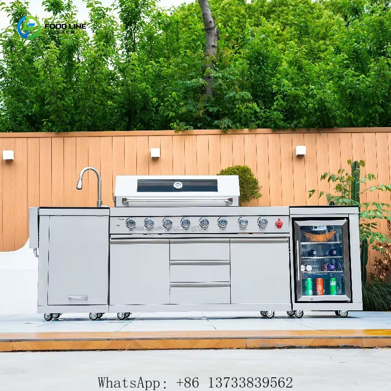 Cuisine extérieure personnalisée, barbecue à gaz moderne haut de gamme, barbecue de luxe pour fêtes, réfrigérateur, évier