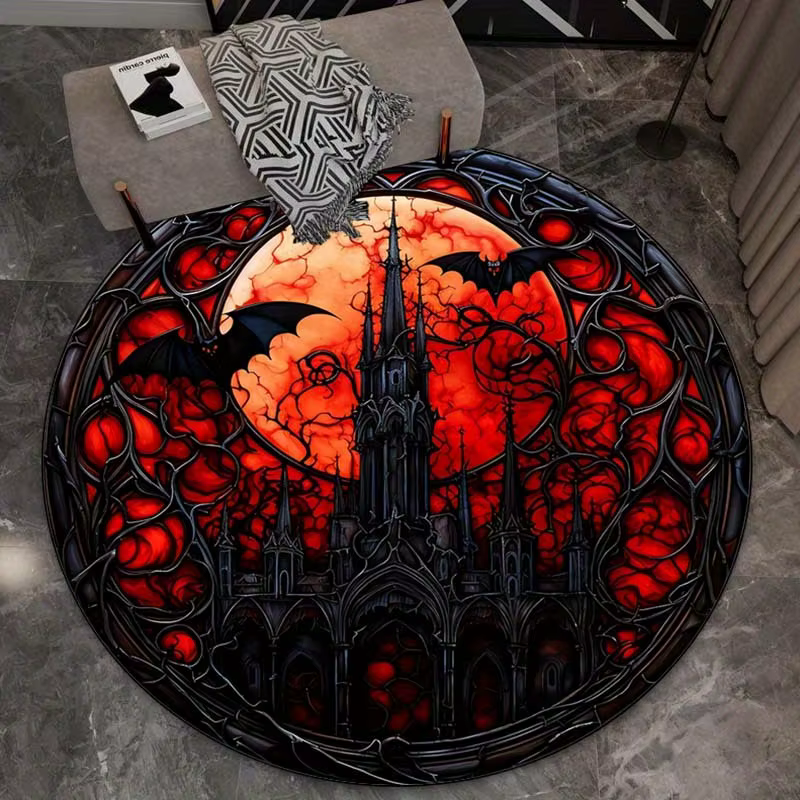 Tapis rond gothique château lune rouge chauve-souris