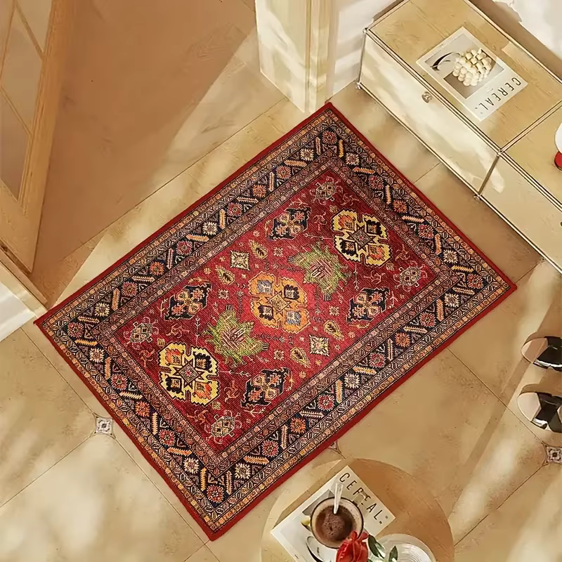 VIKAMA Tapis de sol rouge de style ethnique vintage – Tapis de porte d'entrée durable et antidérapant pour tapis de sol de cuisine et décoration de la maison