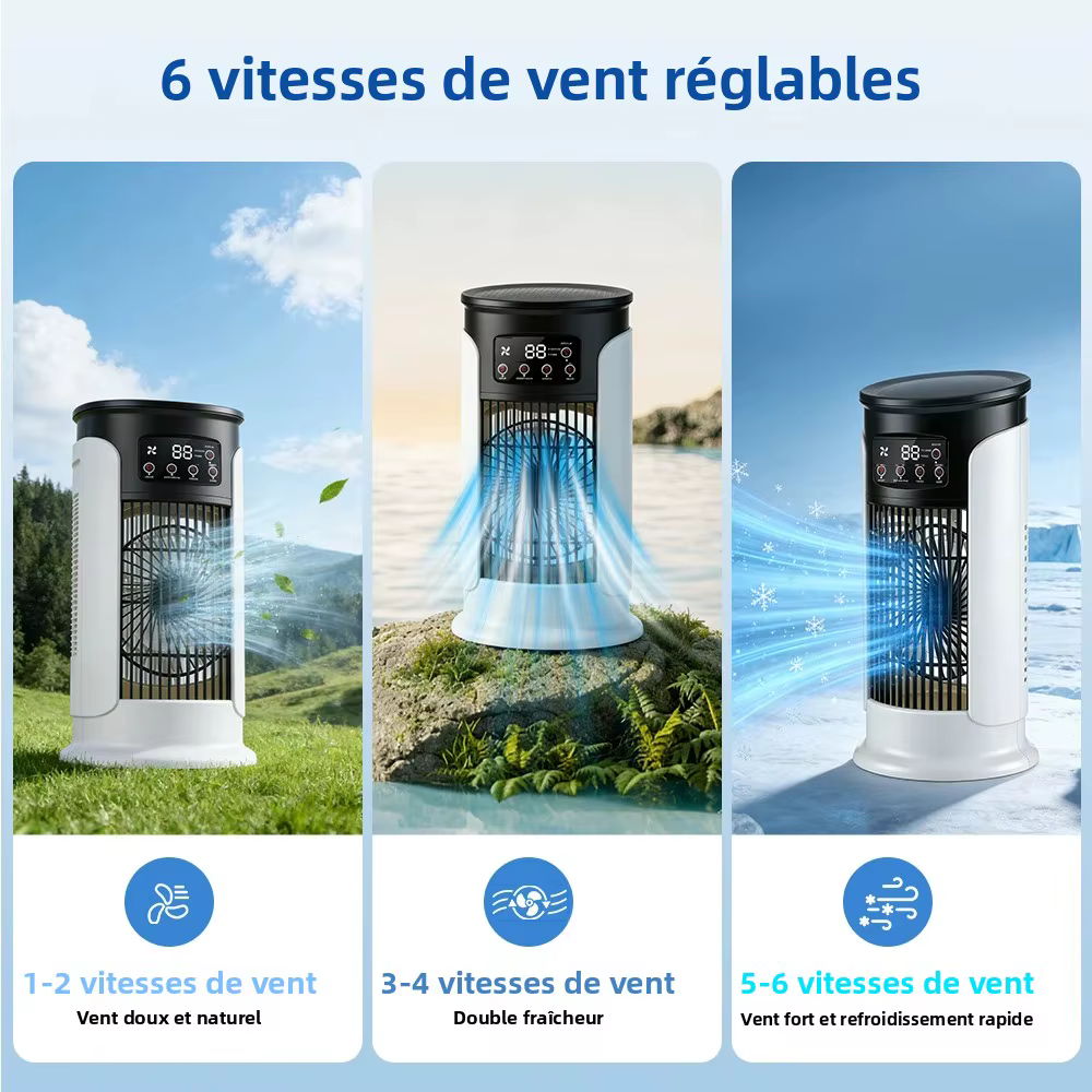 Ventilateur d'air portable 3 en 1 pour la maison, climatiseur, refroidisseur d'air à 6 vitesses, lumière LED nocturne, humidificateur, ventilateur de réglage de l'air, ventilateur pour bureau et maiso