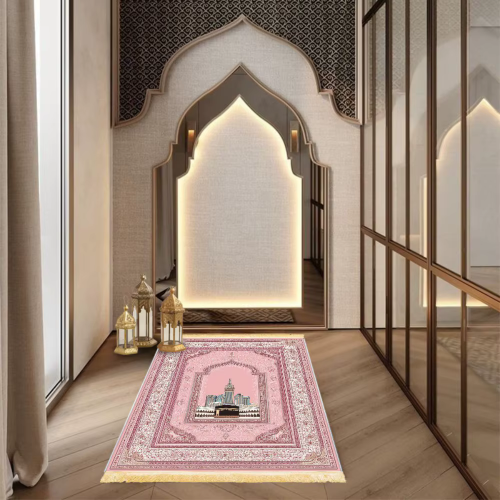 Tapis de prière islamique en polyester rose doré