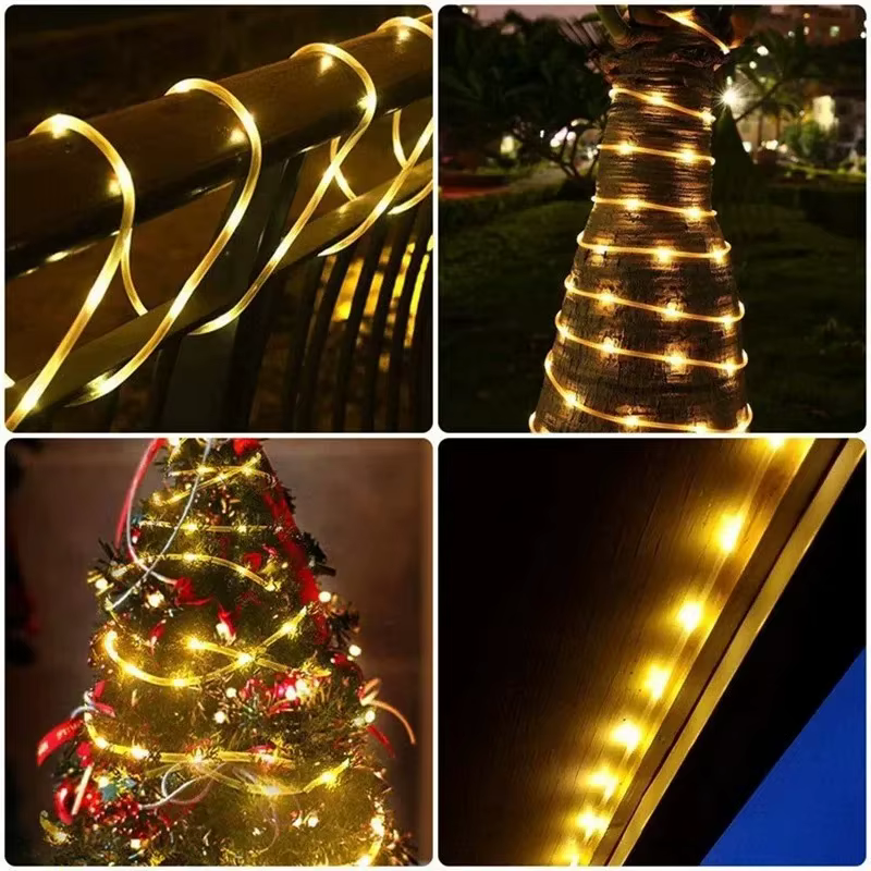 Lumières de tube de LED à énergie solaire, guirlandes lumineuses de jardin imperméables extérieures, lumières de décoration d'ambiance de noël de cour de balcon