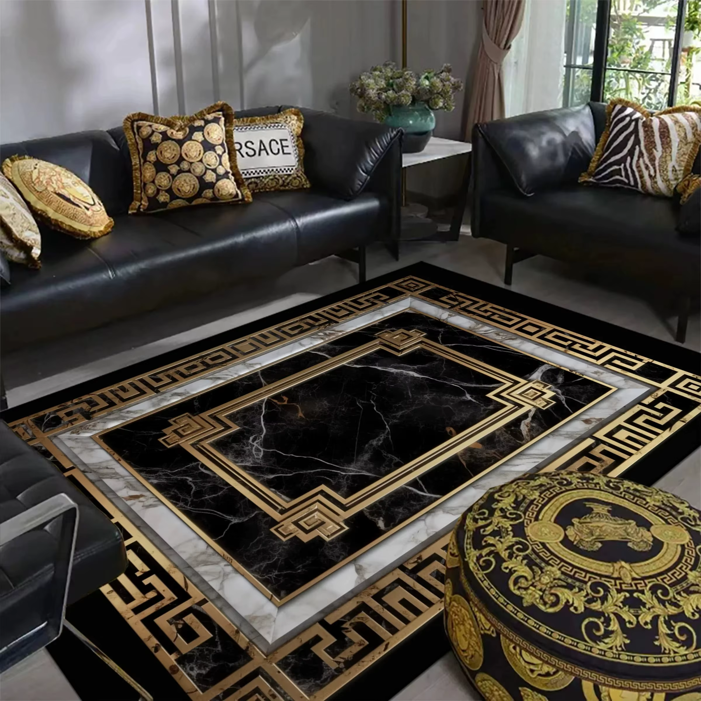 Tapis de luxe en marbre noir et or