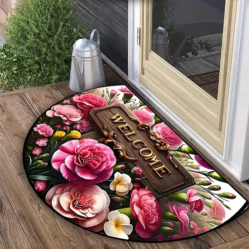 Tapis d'entrée demi-rond à motif marguerite et rose