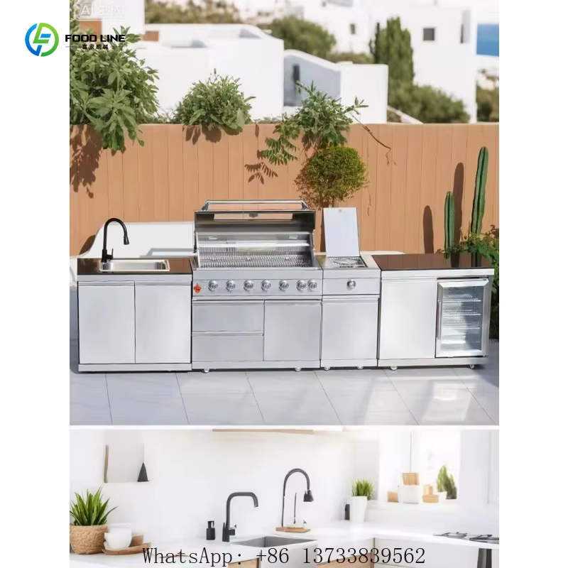 Cuisine extérieure personnalisée, armoire de barbecue professionnelle en acier inoxydable imperméable avec grill à gaz, réfrigérateur, évier