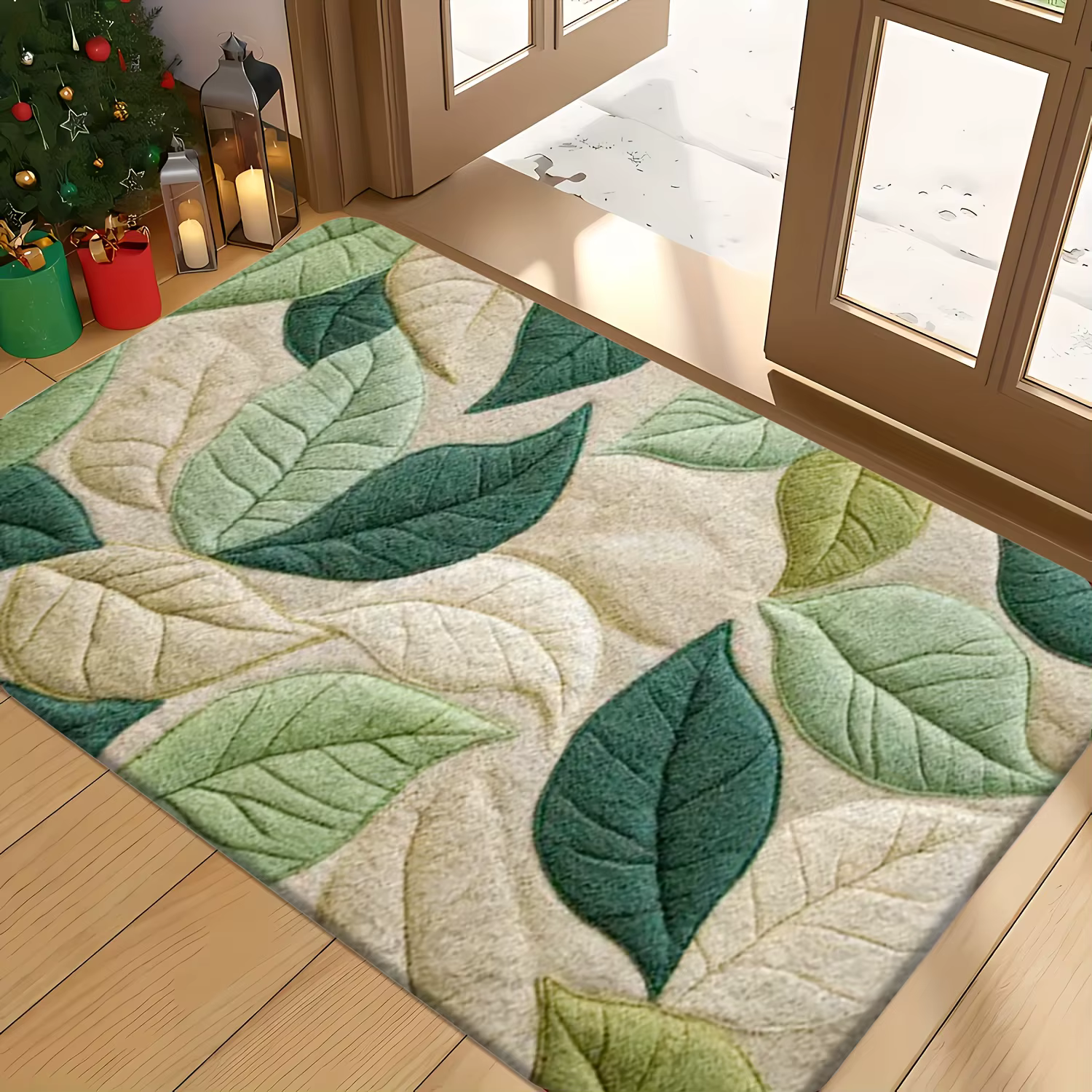 Tapis de bain à motif de feuilles vertes