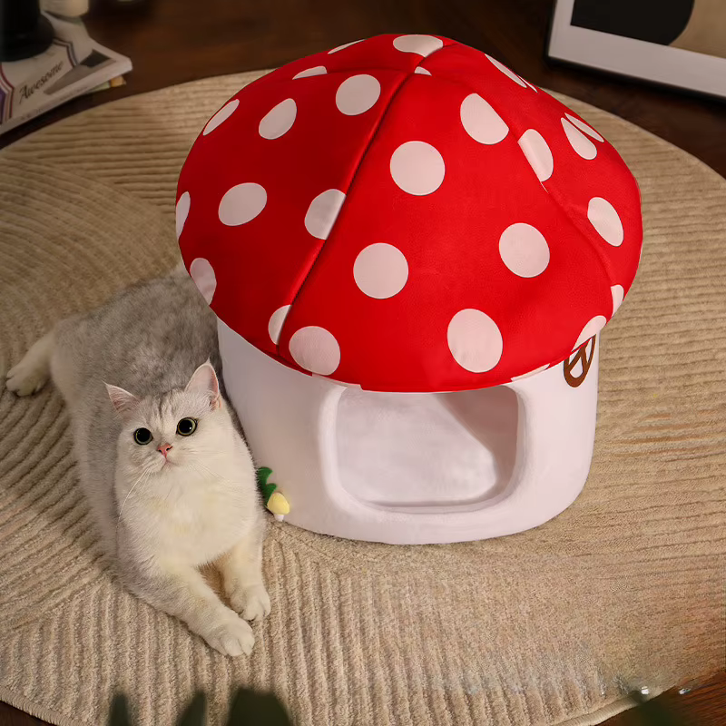 Lit pour chat champignon semi-fermé-adorable et fonctionnel pour dormir et cacher la maison