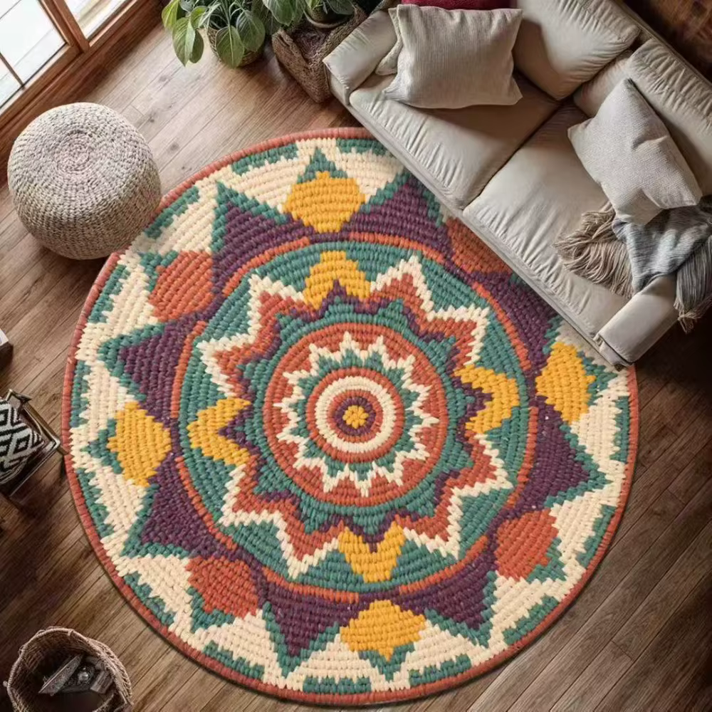 Tapis rond Mandala, style bohème ethnique, décoration de la maison, antidérapant, tissé à la main, coloré, géométrique, pour salon