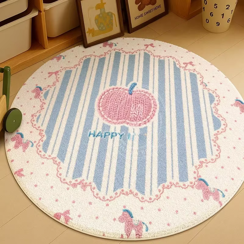 Tapis rond antidérapant VIKAMA Kawaii rose avec bordure à carreaux bleus pour la décoration de la chambre d'enfant