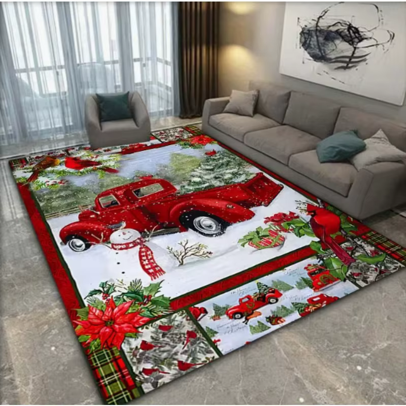 Tapis de sol de Noël rouge avec motif de camion et sapin de Noël