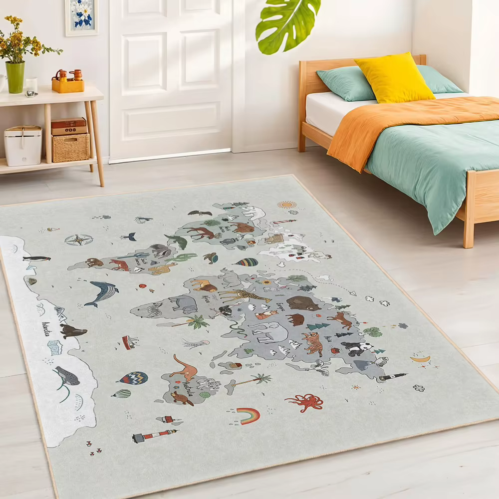 Tapis de carte du monde avec animaux de dessin animé