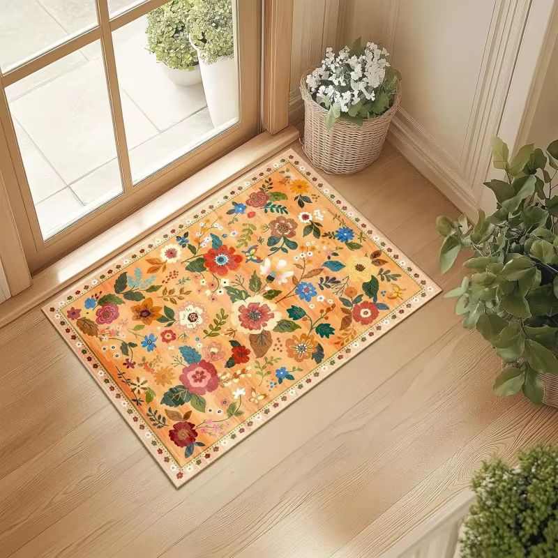 Tapis Bohème Coloré à Motifs Floraux Grand Format Antidérapant pour Salon et Chambre à Coucher