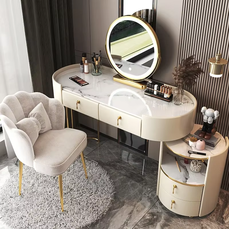 Grande coiffeuse d'angle moderne avec rangement, tiroirs de maquillage, console de luxe pour bijoux, mobilier de chambre à coucher